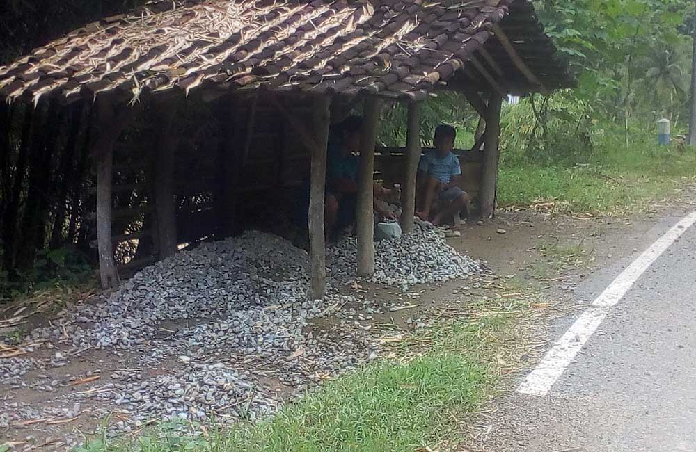 Sambil ditunggui anaknya, Samilah setiap hari bekerja memecah batu sungai menjadi koral/Sigit Dedy Wijaya